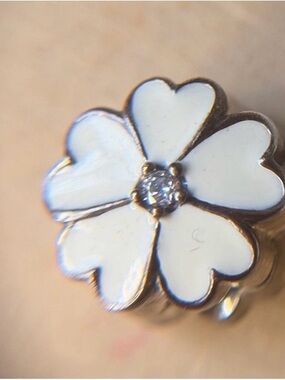 Pandora White Enamel Flower Charm with Center Crystal